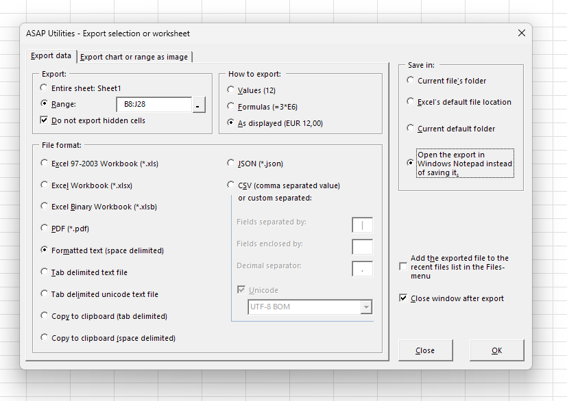 Export and immediately open in Notepad